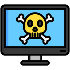 monitor with skull, alert virus attack symbol.