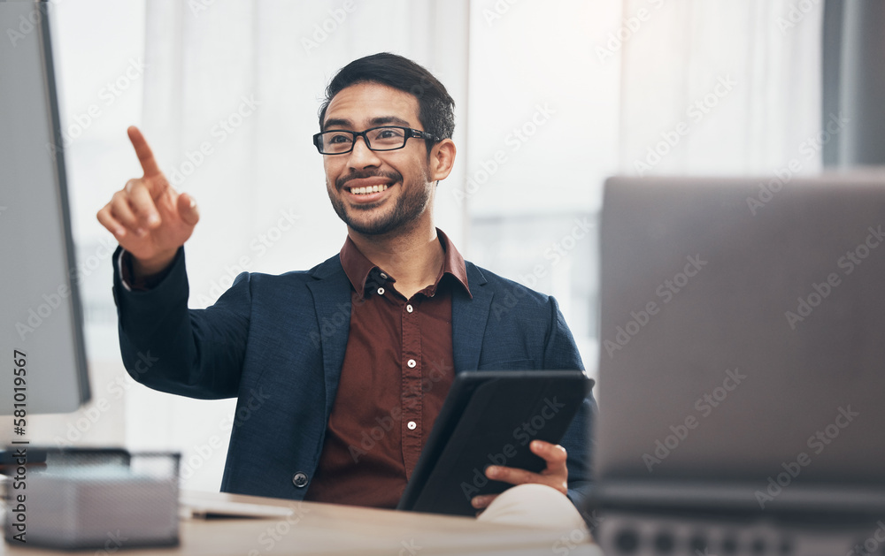 Poster point, computer and happy business man in office with hand touch for research, website and internet.
