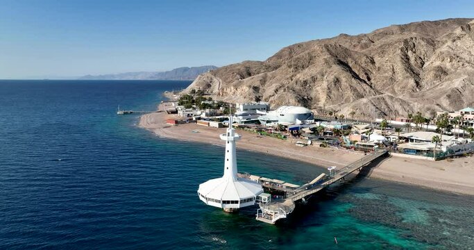 Aerial footage of the underwater observatory in Eilat near Coral Beach Nature Reserve. Filmed in C4K Apple ProRes 422 HQ
