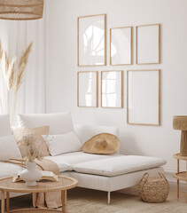 Frame mockup in living room interior background, Coastal boho style, 3D render