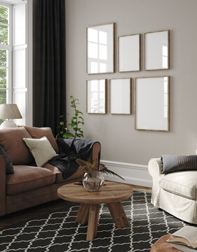 Frame poster mockup in Scandinavian living room interior, 3d render