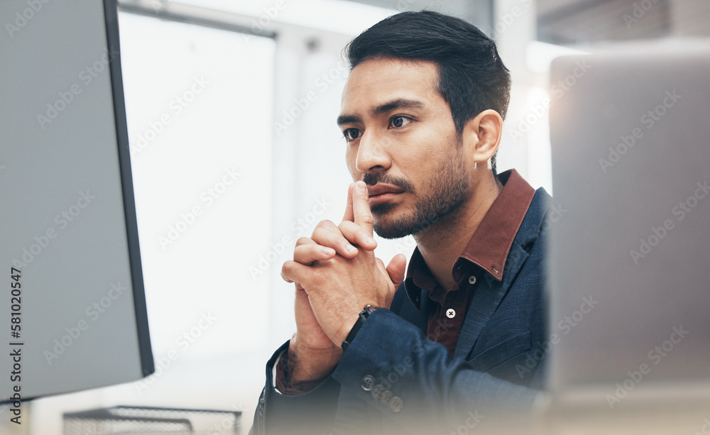 Poster office, concentration and face of man at computer thinking or brainstorming ideas for online project