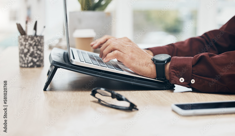Poster Business man, hands and typing on laptop, information technology and tech support and working in office. Keyboard, glitch or 404 with software update, male at desk with digital problem solving