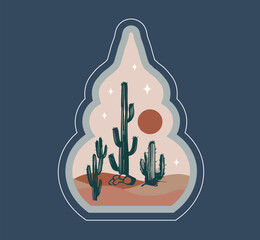 Collection of oriental style Islamic windows, palm trees, cactus and desert	
