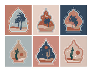 Collection of oriental style Islamic windows, palm trees, cactus and desert	
