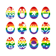 Rainbow easter eggs set with decoration and ornament. Gay springtime holiday symbols bright colorful collection. Bunny, eggs, lamb, chicken, hunt basket, flowers. Pride abstract graphic modern flat.