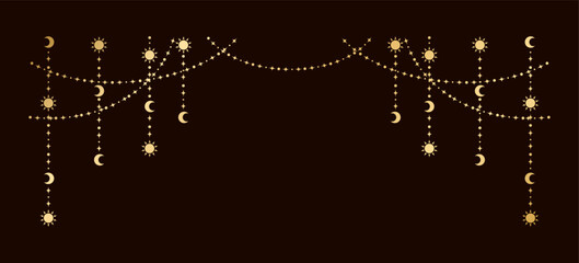 Gold mystic celestial hanging garland with sun, stars, moon phases, crescents. Ornate bohemian magical curtain decorative element © Aletheia Shade