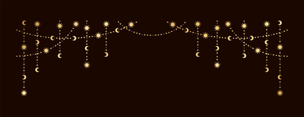 Gold mystic celestial hanging garland with sun, stars, moon phases, crescents. Ornate bohemian magical curtain decorative element