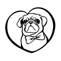 pug puppy heart shaped line art cricut, cute Face black lina art