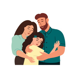 Parents support daughter,Family care of daughter,child.Mother,father comforting crying sad kid.Supportive parent help their teenager in difficulty.Flat vector illustration isolated on white background