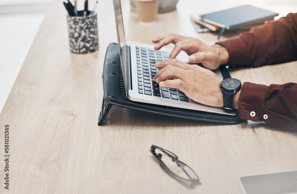 Poster business man, hands and laptop keyboard, information technology and tech support and working in offi