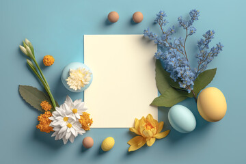 Naklejka na ściany i meble Creative flat lay easter layout with blank white paper, colored easter eggs and spring flowers in shades of blue. Generative AI