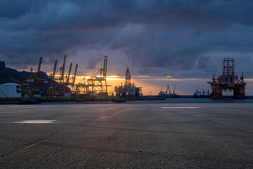 Large asphalt yard in the seaport..