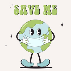 Retro groovy cartoon style earth planet.Earth Day. Save the Earth. Cartoon cute earth planet character. Concept of World Environment Day in retro style. 70s.World Environment Day.