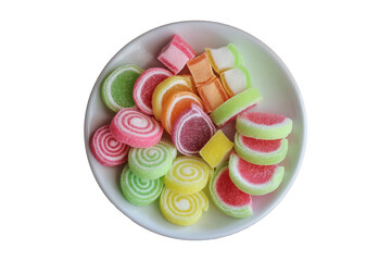 Multi-colored candy and jelly, close-up jelly, colorful candy on sugar