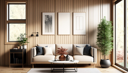 Japandi style interior, living room with large windows. Generative AI