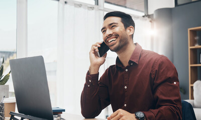 Phone call communication, agent and laughing man listening to funny joke from digital business contact. Comedy humor, chat and happy person, consultant or manager talking, speaking or in conversation