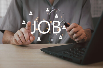 job search concept, man browsing work opportunities online using job search computer app. find your career.