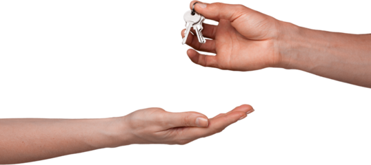 Hand giving house keys isolated on white background