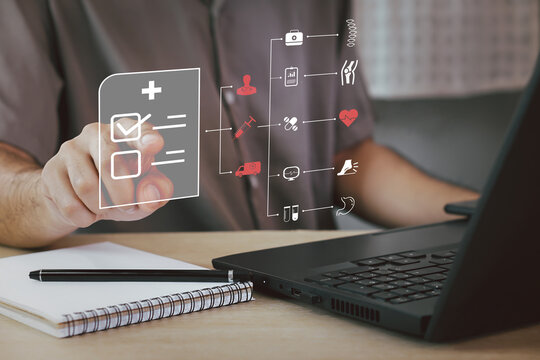 digital health care concept. Medicine doctor touching electronic medical record on virtual screen, Brain Analysis, DNA. Digital healthcare and network connection on modern interface,