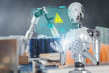 White woman robot on blurred background using digital network connection 3D rendering
