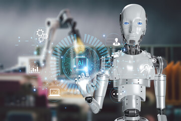 White woman robot on blurred background using digital network connection 3D rendering
