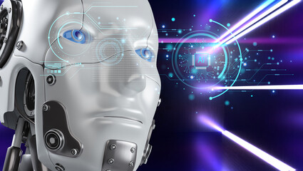 White woman robot on blurred background using digital network connection 3D rendering

