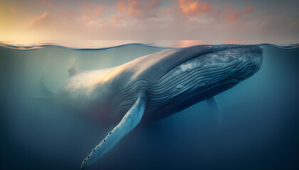 the Blue whale side view, golden hour, ocean 