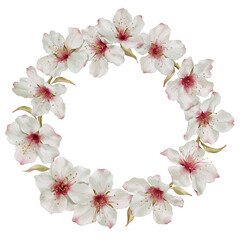 Spring almond blossom wreath in watercolor style isolated on white background. Hand-drawn watercolor floral illustration on transparent background can be used on a variety of surfaces