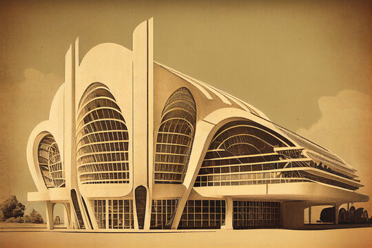A stunning futuristic building with sleek lines and modern design, superimposed onto a vintage photograph in the style of the 1900s, creating a unique blend of old and new, generative ai