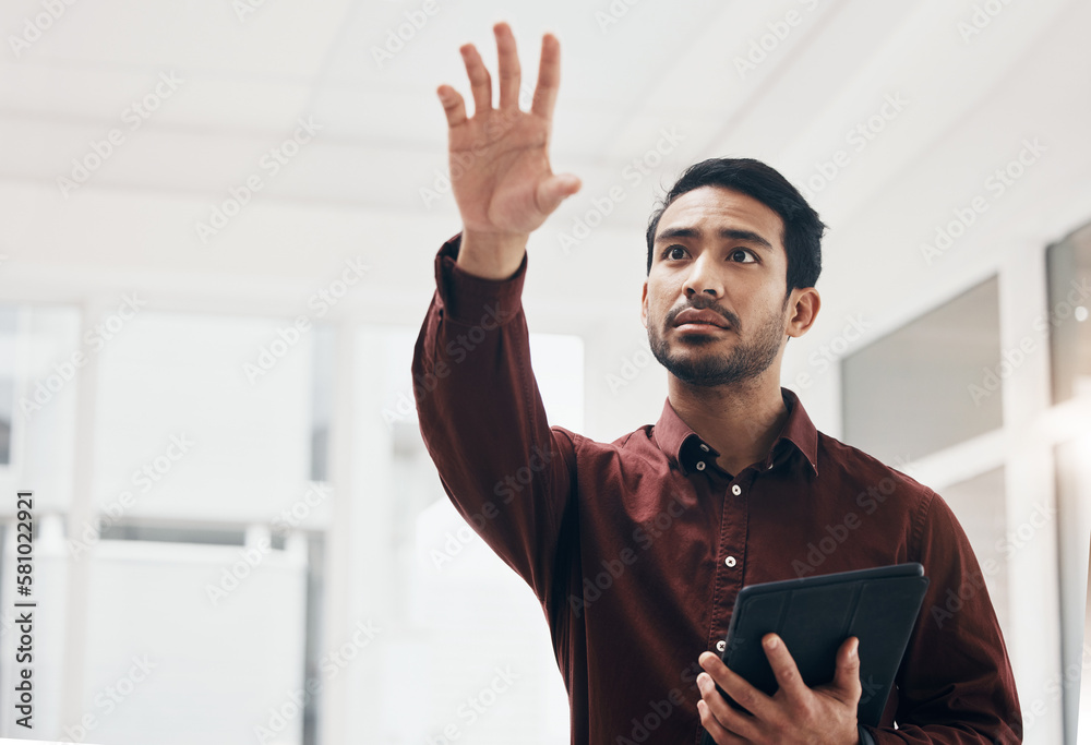 Poster virtual, tablet and person gesture at architect engineering design, cyber ui schematic or blueprint 