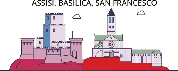Italy, Assisi tourism landmarks, vector city travel illustration - obrazy, fototapety, plakaty