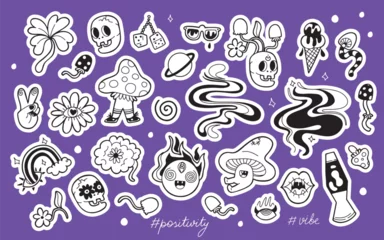 Fotobehang Big hand drawn set with stickers of psychedelic characters and objects in line design. Isolated vector illustration on a purple background © Daria