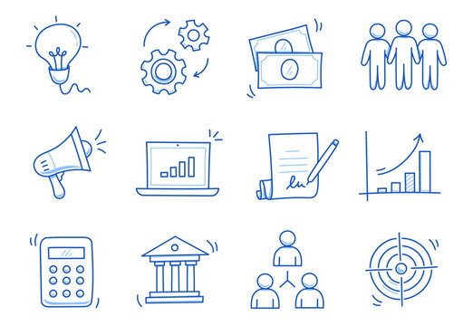 Doodle business icon set. Doodle business, finance, office teamwork concept. Money, calculator, gear element. Hand drawn sketch style vector illustration