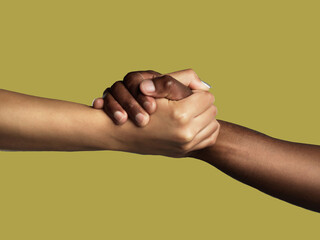 Diversity, handshake and grip for unity, support or deal in trust or agreement against studio background. Diverse people shaking hands in partnership for meeting, greeting or motivation on mockup