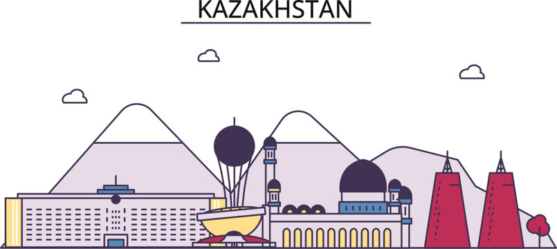 Kazakhstan tourism landmarks, vector city travel illustration