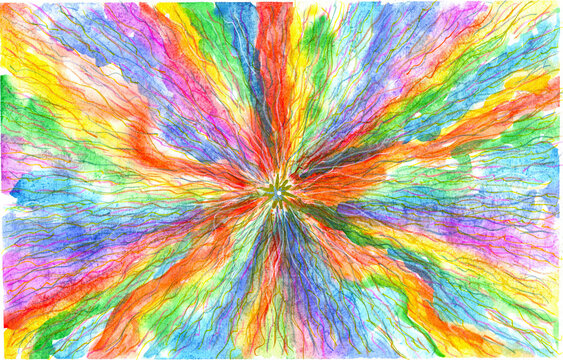 Radial wavy colorful rays diverge from the golden star. Watercolor bright joyful background. Illustration.