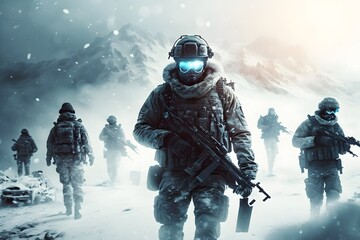Fototapeta premium Brave soldier in uniform standing in a snow-covered terrain, Generative AI