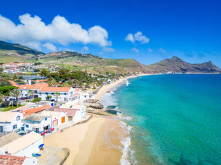 Porto Santo Beach Aerial View. Popular tourist destination in Portugal Island in the Atlantic Ocean. Vila Baleira in Porto Santo, Madeira, Portugal.