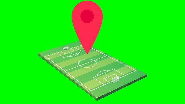 Looping animation of a red geo location marker hopping across a 3D soccer field with its markings, goals and green turf (white background,green background, transparency mask)