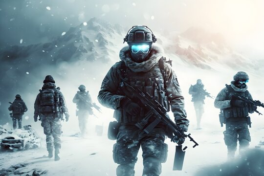 Brave soldier in uniform standing in a snow-covered terrain, Generative AI