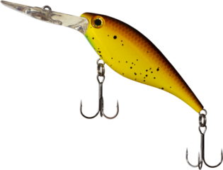 Yellow and brown artificial fishing lure with two treble hooks