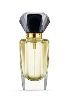 Transparent bottle of yellow perfume with black lid isolated on a white.