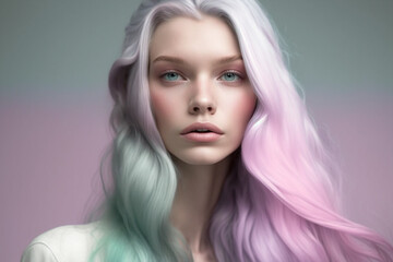 portrait of a  beautiful woman with pastel rainbow hair and pop candid background posing on camera, generative ai illustration