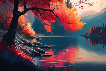 Beautiful autumn nature. River, red leaves tree, mountain landscape. Generative AI