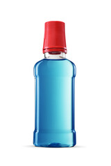Blue water mouthwash in plastic bottle with red cap isolated on white.