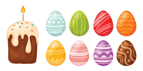 Easter set of Easter cakes and multi-colored eggs.