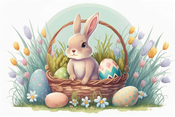 Easter illustration. Cute Easter bunny with colourful eggs. AI generative.