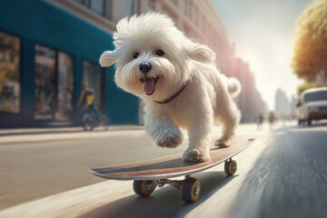 Skateboarding dog. Funny maltese dog rides skateboard in summer city. Ai generative illustration. - obrazy, fototapety, plakaty
