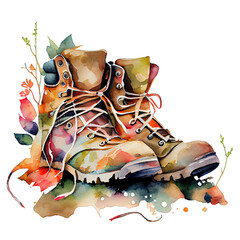Watercolor Hiking boots Clipart with Transparent background. Generative AI.